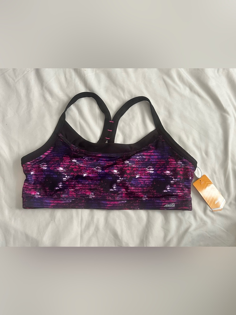 Avia Black Sports Bra with Purple & Pink Abstract Print